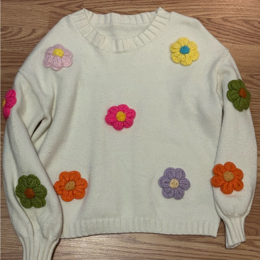 Cider Cream Sweater with Colorful Floral Accents